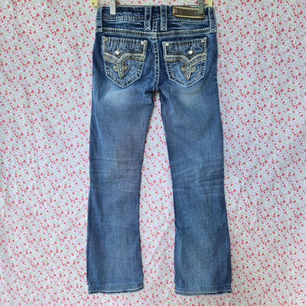 Rock Revival Mid Rise Bootcut Jeans Size 25 Blue Embroidered Embellished Pocket